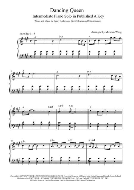 Dancing Queen Intermediate Piano Solo In Published A Key With Chords