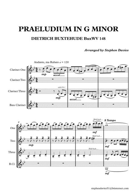 Praeludium Fugue In G Minor By Dietrich Buxtehude Buxwv148 For Clarinet Quartet