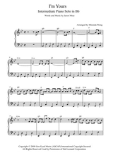 I M Yours Intermediate Piano Solo In Bb Key With Chords